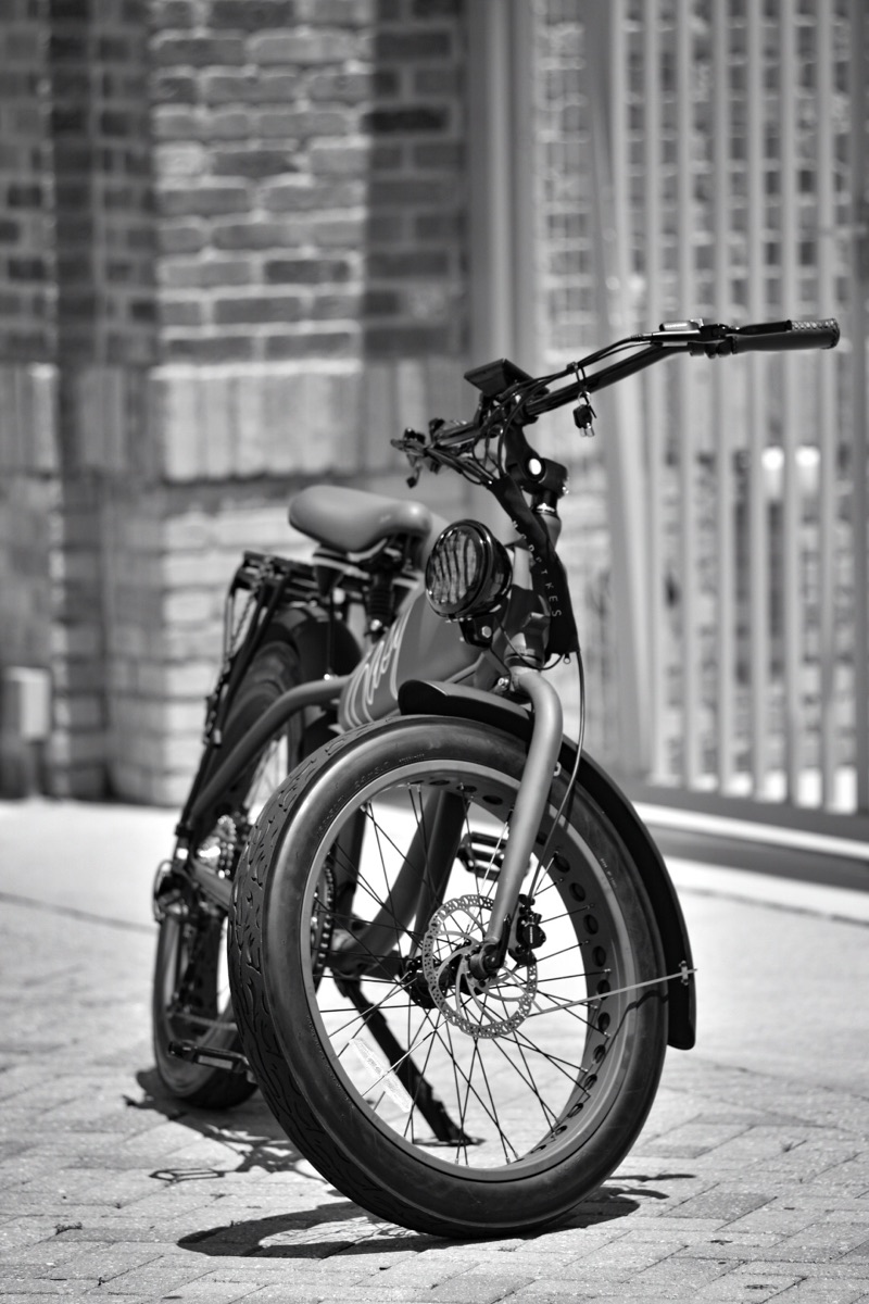 Close-up of a ModBikes electric bike's tank and headlight