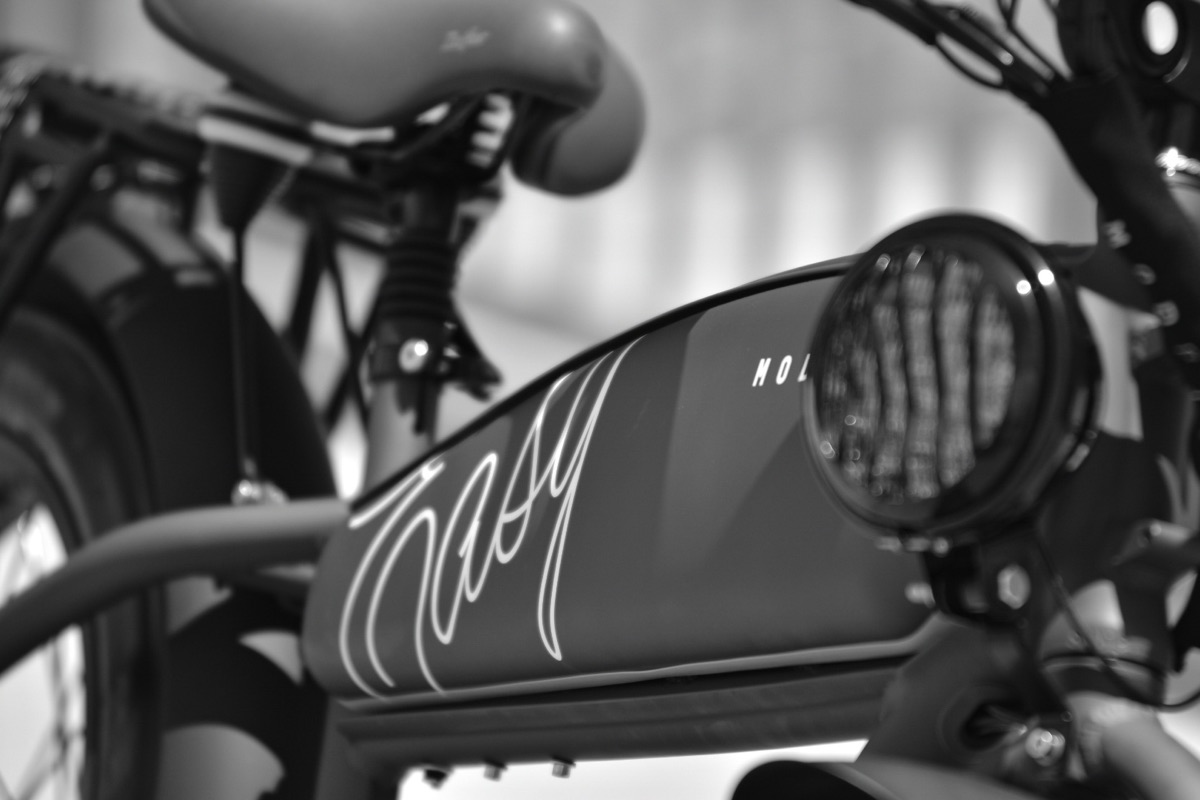 ModBikes electric cruiser parked at the Palafox Pier sign