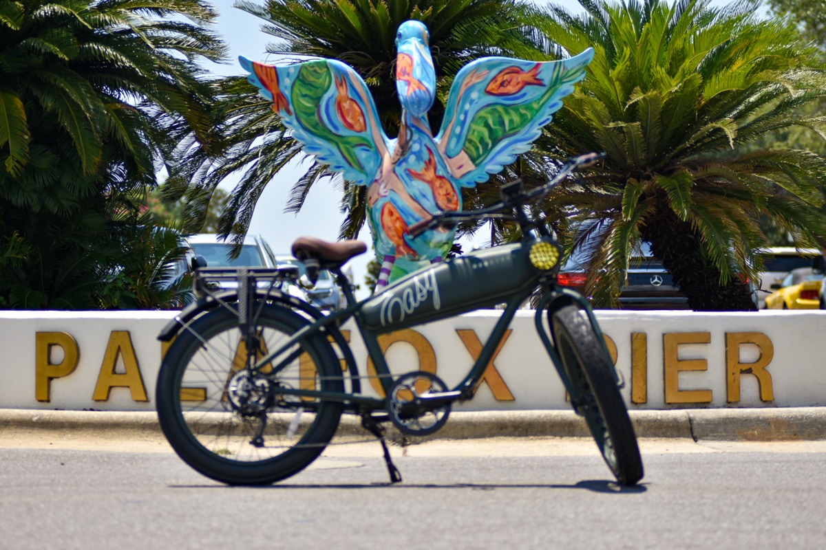 Gocycle folding electric bike parked in a Pensacola parking garage